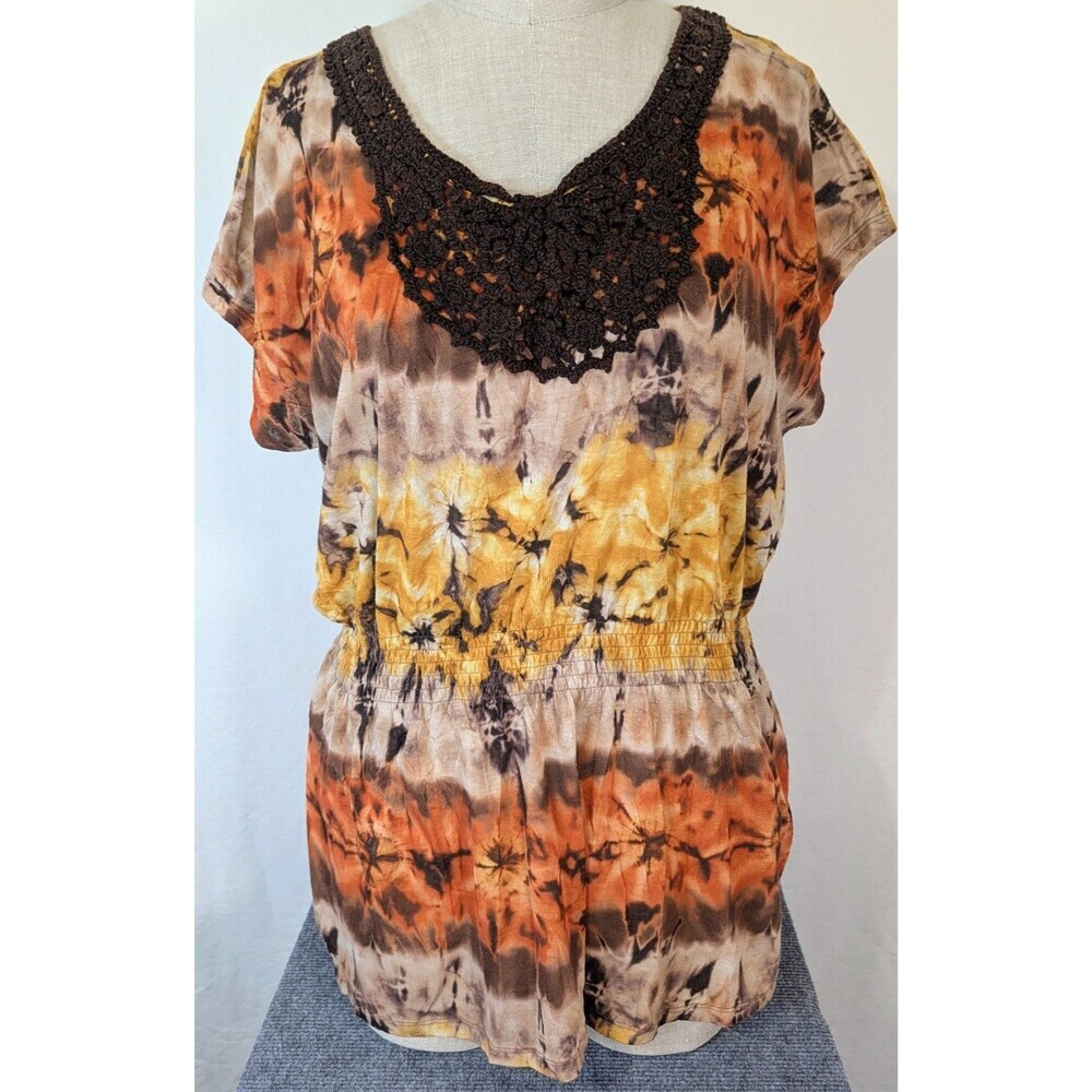 Cato Woman Plus Size 18W 20W Tie Dye Crochet Neck Smocked Waist Blouse Top